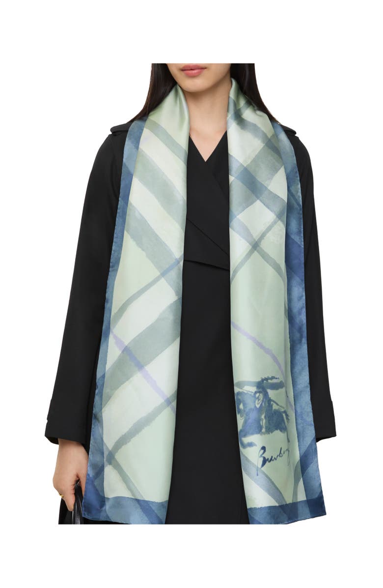 Burberry Wide Watercolour Check Silk Scarf, Alternate, color, Seafoam Green