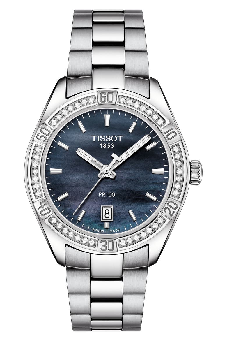 T-Classic PR 100 SE Bracelet Watch, 36mm, Main, color, SILVER/ BLACK MOP/ SILVER