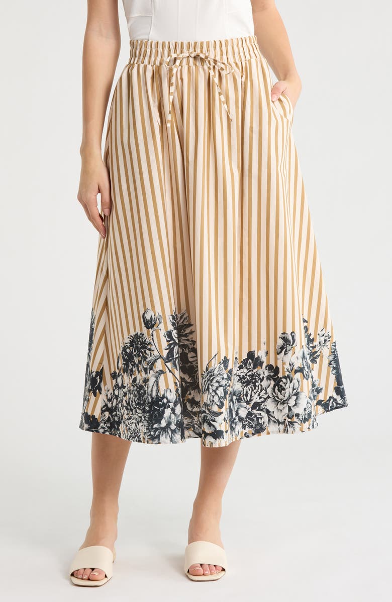 JASON WU Stripe Floral Cotton Midi Skirt, Main, color, Khaki Str/ Black Flrl