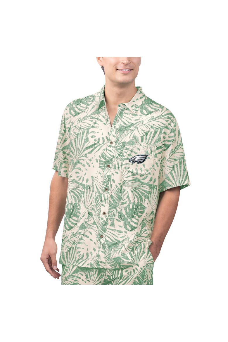 Men's Margaritaville Tan Philadelphia Eagles Sand Washed Monstera Print Party Button-Up Shirt, Alternate, color, Cream