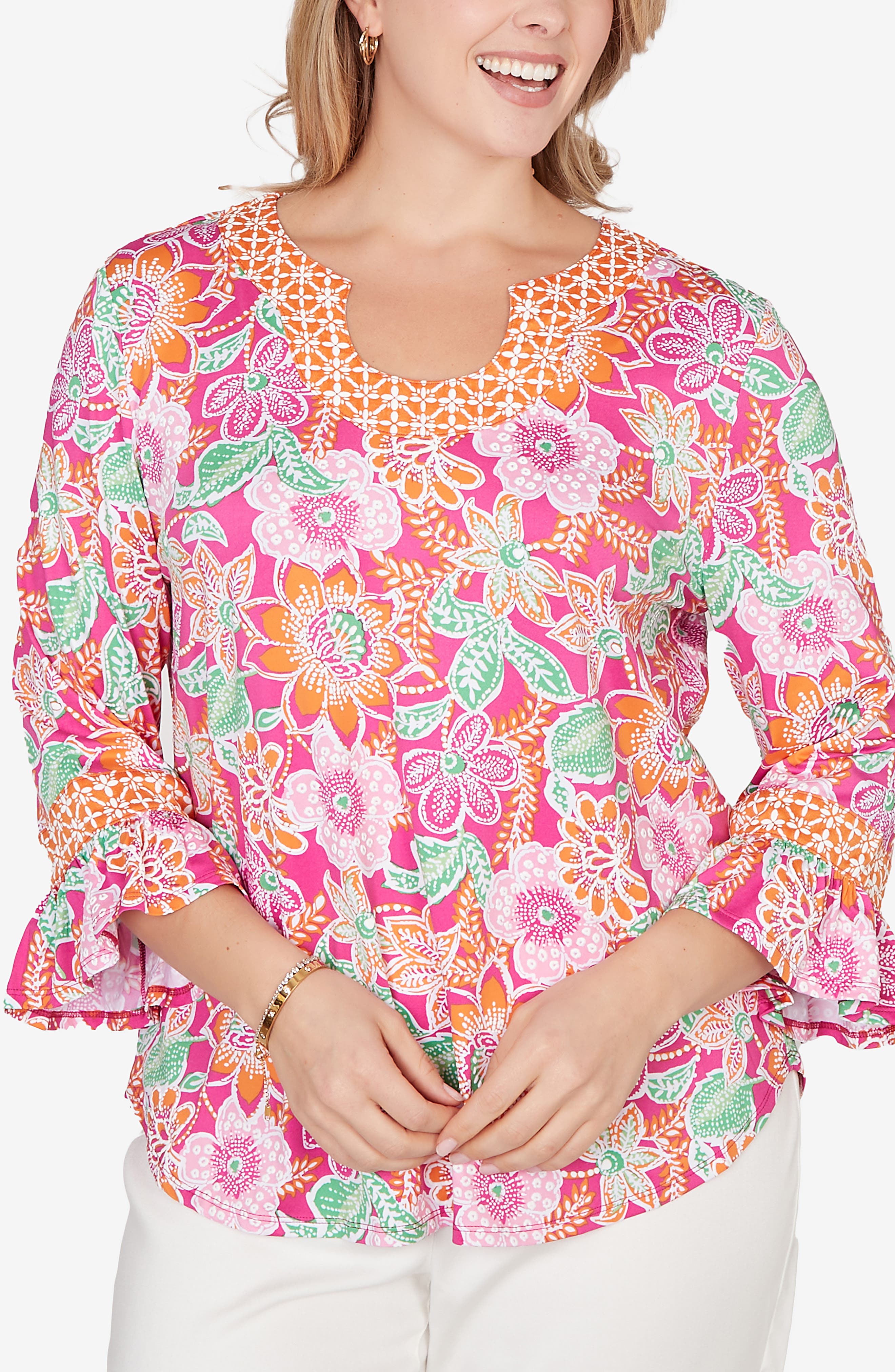 RUBY RD Floral Ruffle Three-Quarter Sleeve Top
