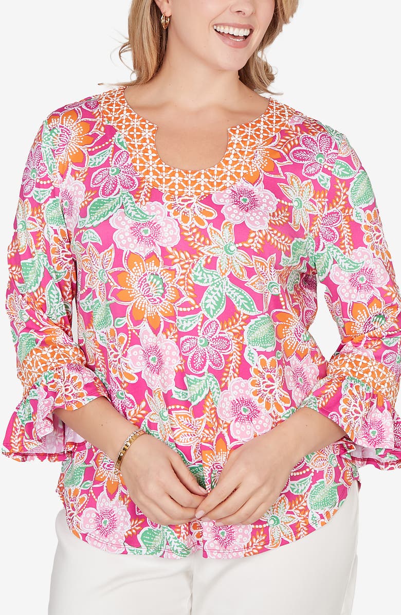 RUBY RD Floral Ruffle Three-Quarter Sleeve Top, Main, color, Fuchsia Multi