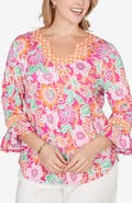 RUBY RD Floral Ruffle Three-Quarter Sleeve Top