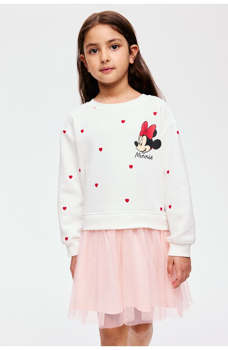 H&M Printed Tulle-skirt Sweatshirt Dress, Alternate, color, Light Pink/Minnie Mouse