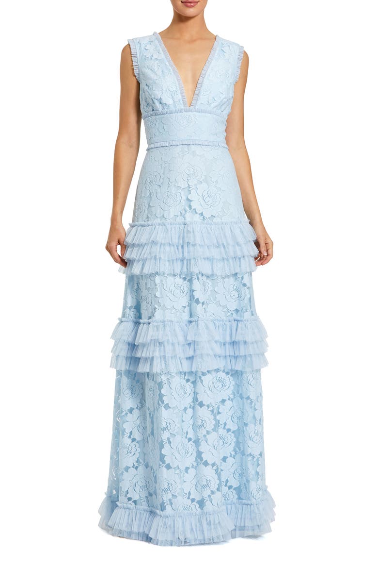 V-Neck Lace Tiered Ruffle Gown, Main, color, Powder Blue
