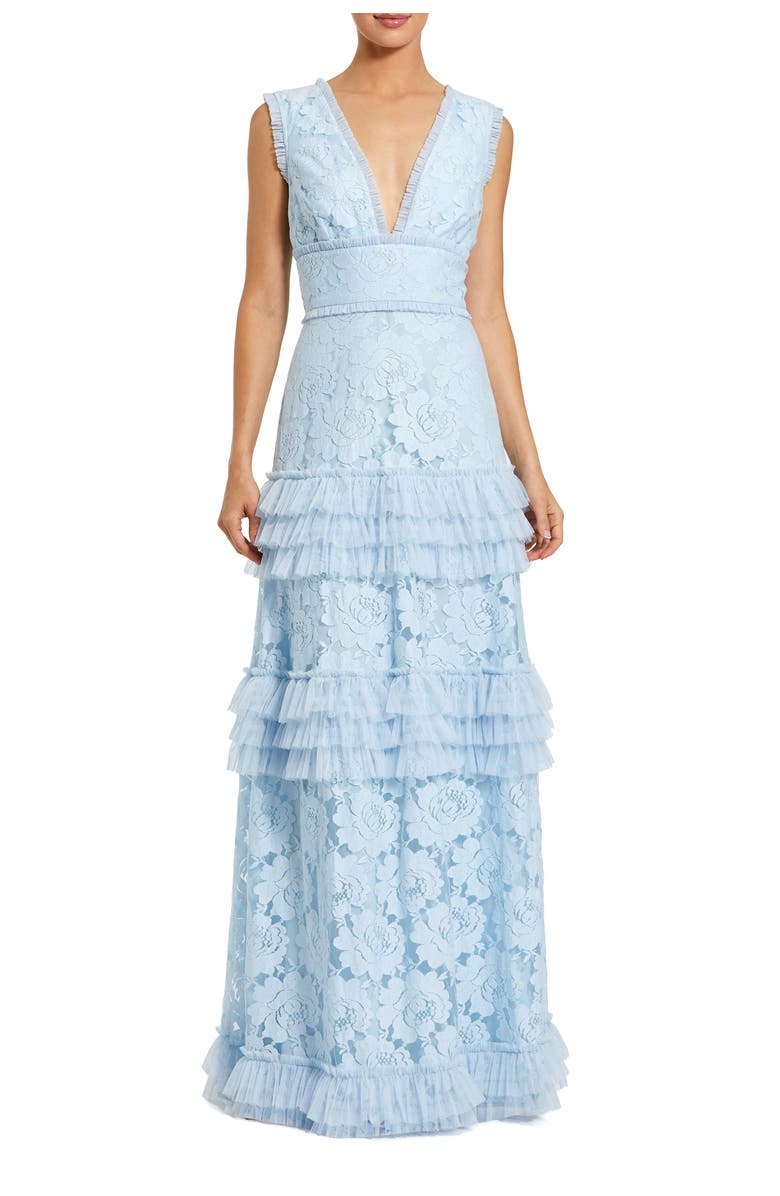 Mac Duggal V-Neck Lace Tiered Ruffle Gown, Main, color, Powder Blue