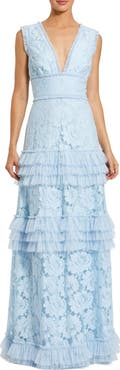 Mac Duggal V-Neck Lace Tiered Ruffle Gown