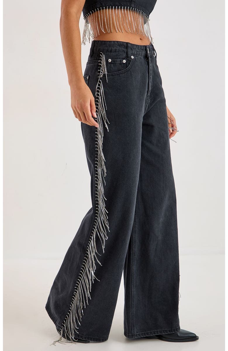 NASTY GAL Denim Diamonte Tassel Straight Leg Jeans, Alternate, color, Washed Black