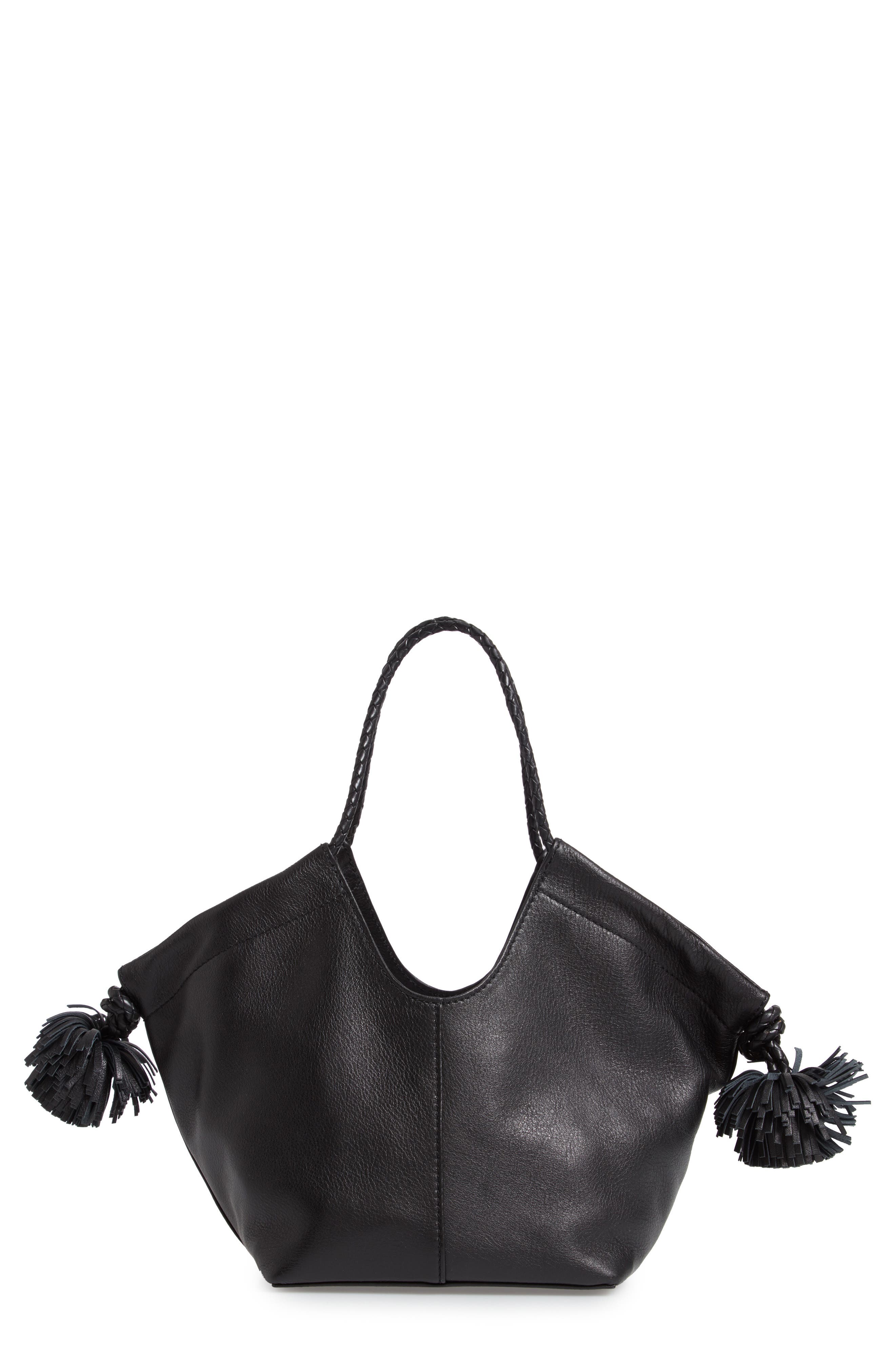 Mini Lali Pompom Leather Tote, Main, color, NOIR