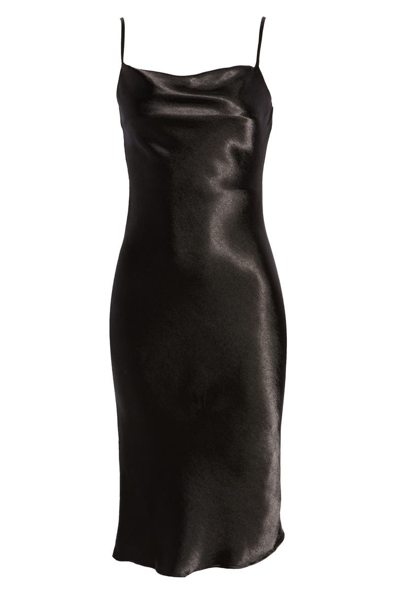 Brazen Babe Cowl Neck Satin Slipdress, Alternate, color, BLACK