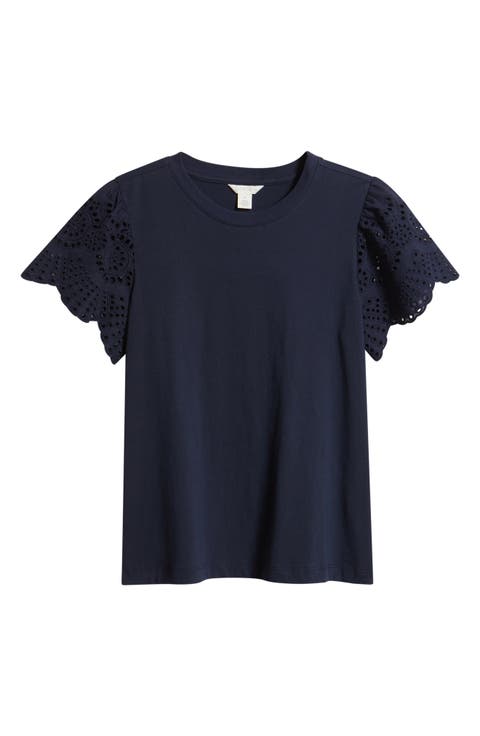 Eyelet Sleeve Mixed Media T-Shirt