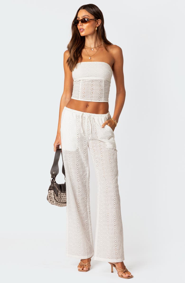 EDIKTED Lemon Eyelet Lace-Up Corset Crop Tube Top, Alternate, color, White