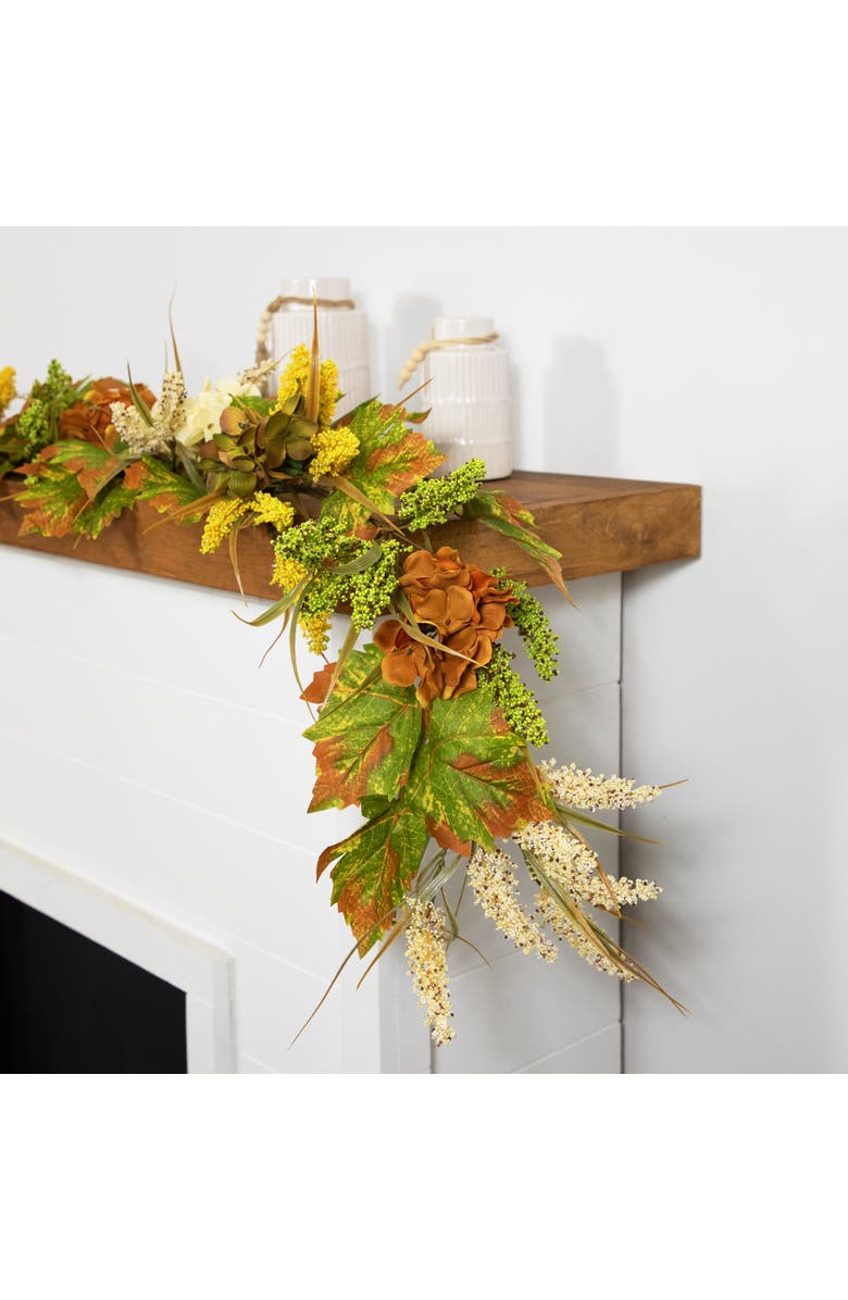 Northlight Hydrangea, Pib Berry and Maple Floral Artificial Fall Harvest Garland - 5' x 10", Alternate, color, Green