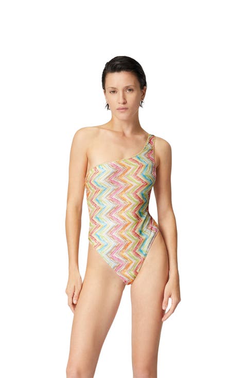 One-shoulder One-piece Swimsuit In Printed Tulle