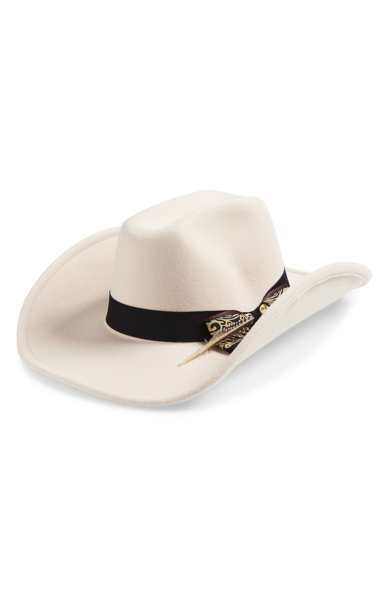 Melrose and Market Feather Band Cowboy Hat, Main, color, Ivory- Black