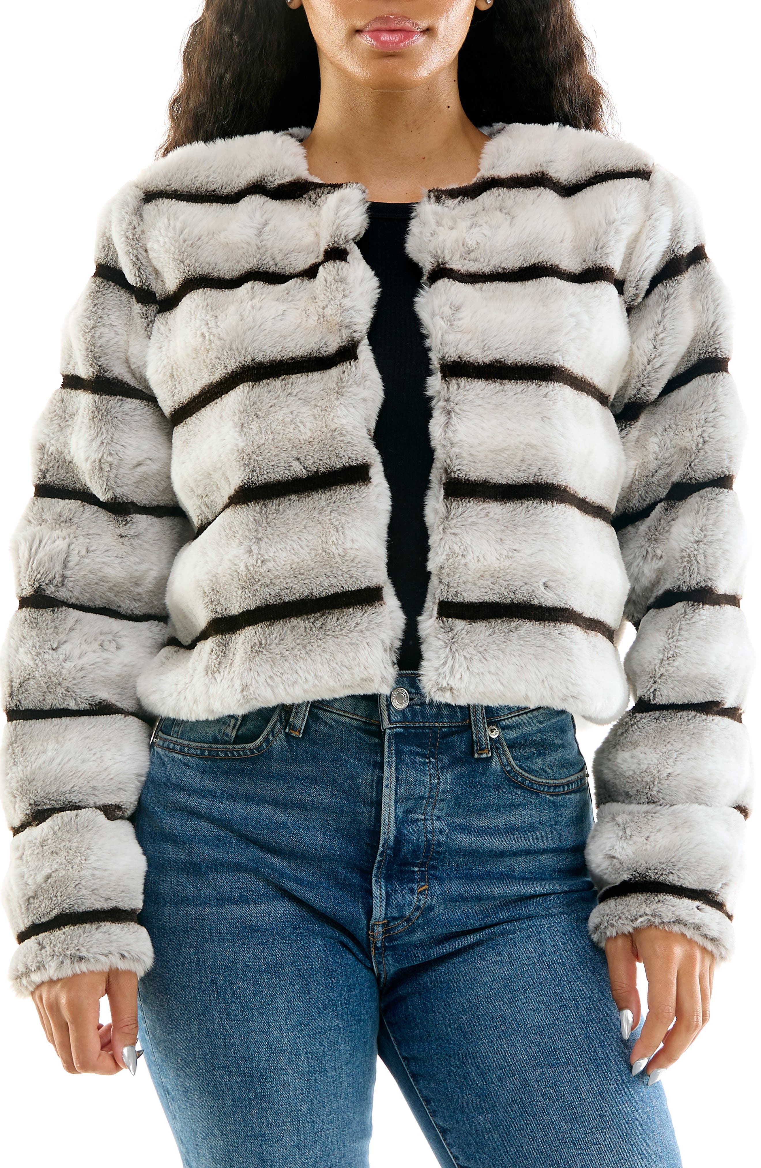Long-Sleeve Striped Faux Fur Bolero