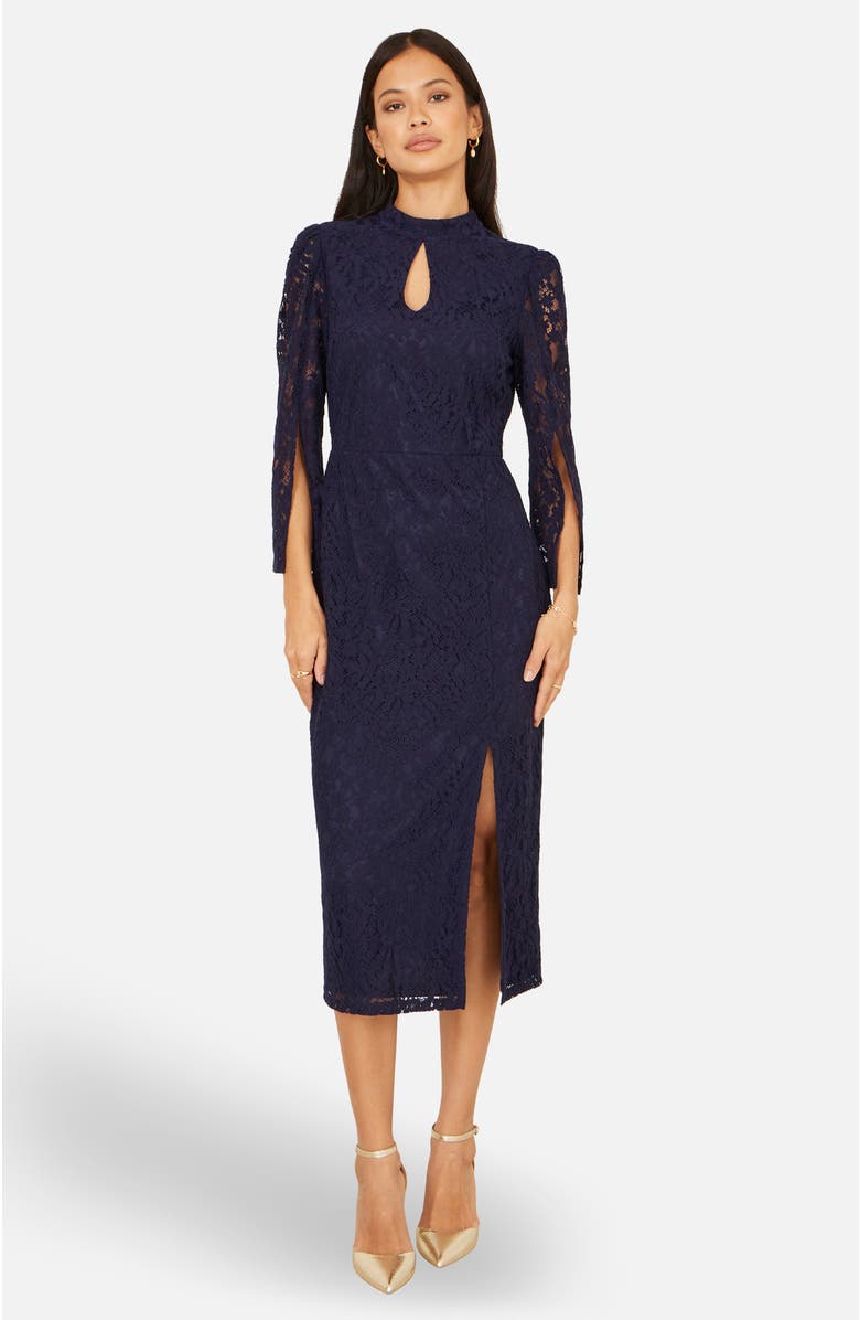 Yumi Lace Fitted Midi Dress, Main, color, Navy