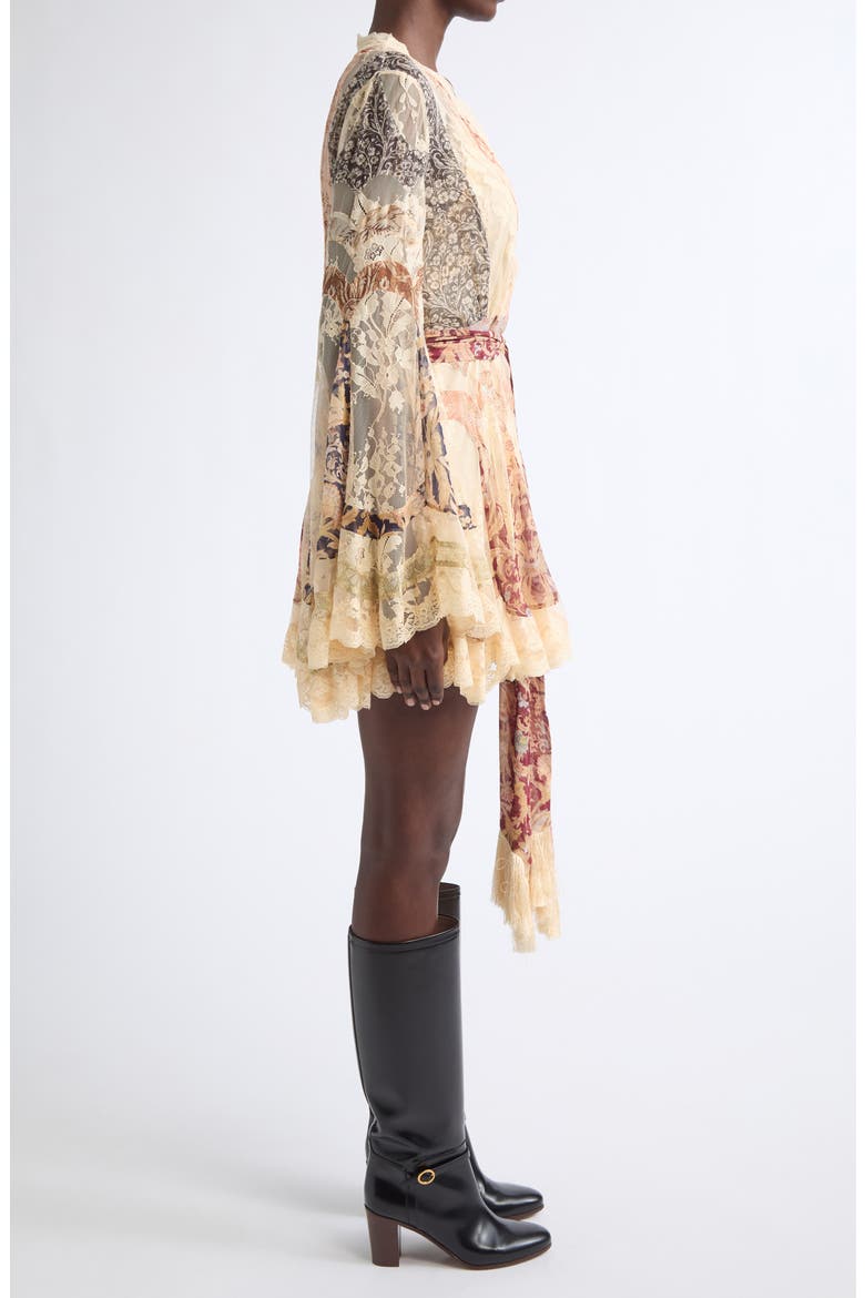 Valiant Floral Long Sleeve Silk & Lace Wrap Minidress, Alternate, color, SPLICED FLORAL