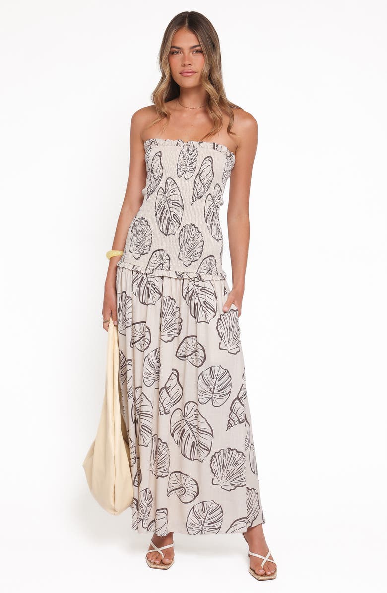 Petal & Pup Parkway Seashell & Palm Print Smocked Strapless Maxi Dress, Alternate, color, Cream Shells