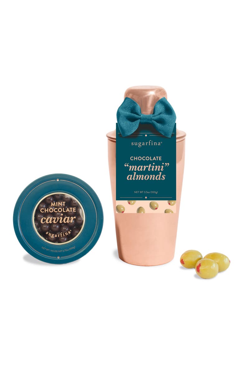 Mint Chocolate Caviar, Martini Olive Almonds & Copper Martini Shaker Gift Set, Main, color, MULTI