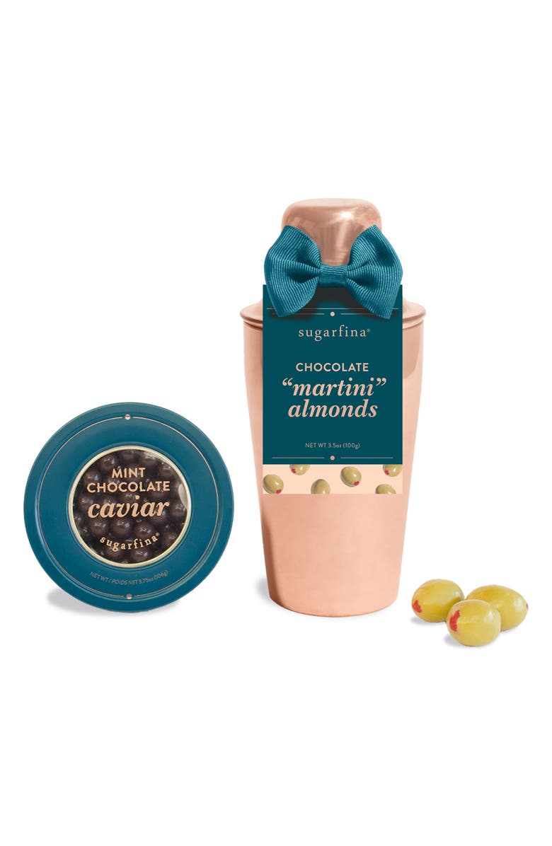 sugarfina Mint Chocolate Caviar, Martini Olive Almonds & Copper Martini Shaker Gift Set, Main, color, 