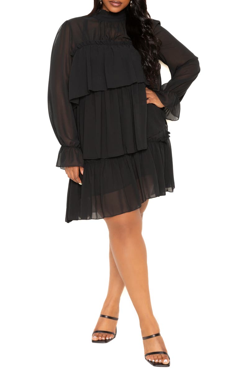 BUXOM COUTURE Tiered Long Sleeve Minidress, Main, color, 