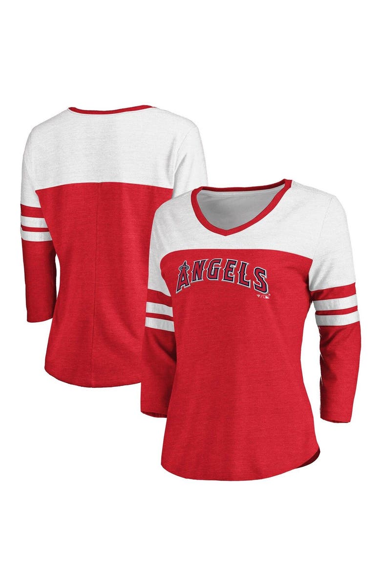 FANATICS Women's Fanatics Branded Heathered Red/White Los Angeles Angels Official Wordmark 3/4 Sleeve V-Neck Tri-Blend T-Shirt, Alternate, color, 