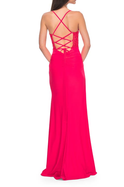 La Femme Lace Applique Sheer Side Panels Prom Dress In Hot Coral