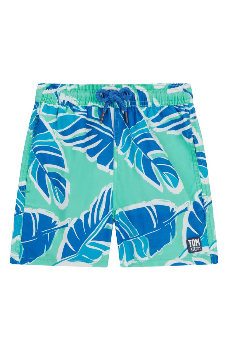 Tom & Teddy Kids' Banana Leaf Swim Trunks, Main, color, Green And Blue