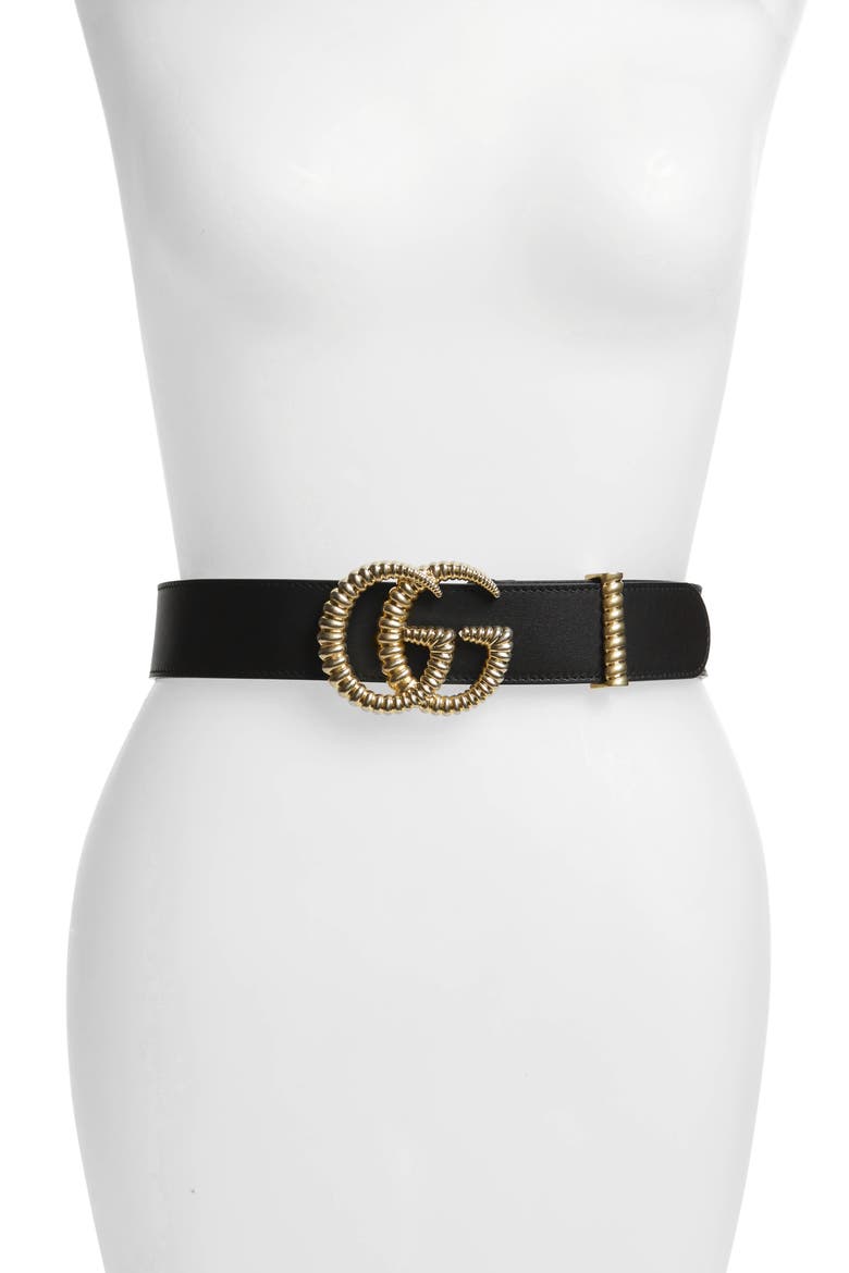 Textured GG Logo Leather Belt, Main, color, NERO