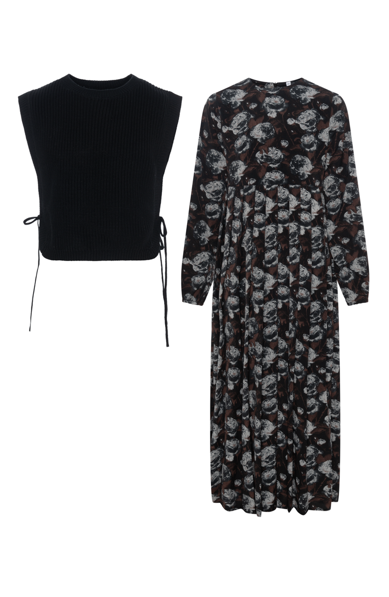 Noni Woven Floral Print Dress with Removable Vest, Main, color, Black