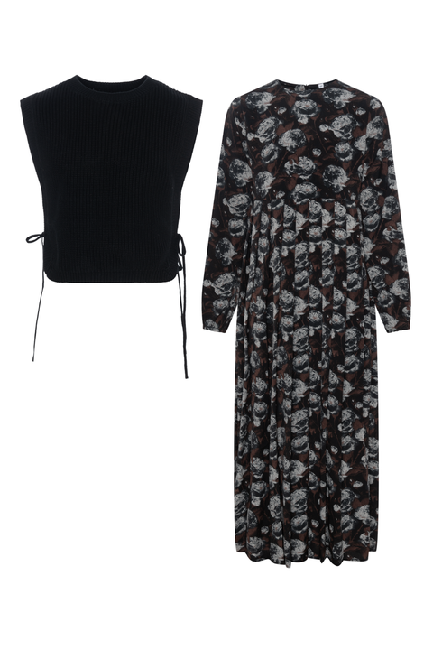 Woven Floral Print Dress with Removable Vest