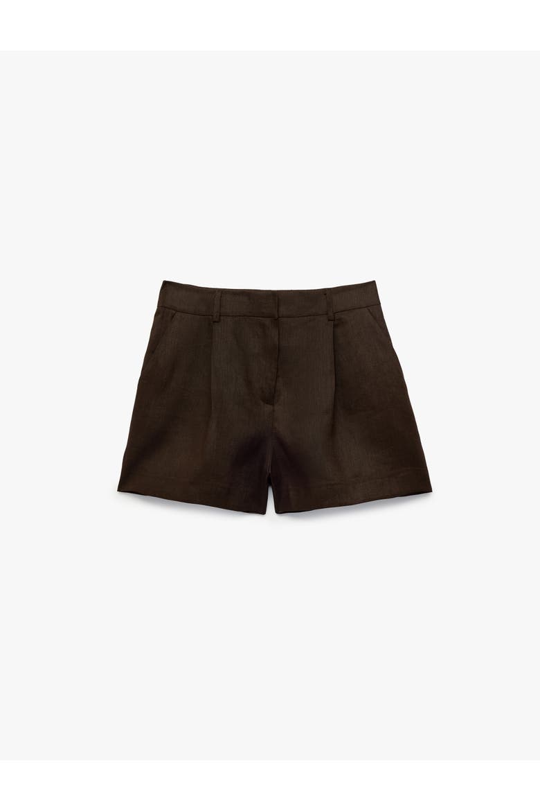 Structured Linen Blend Tailored Shorts with Pleat, Alternate, color, BROWN