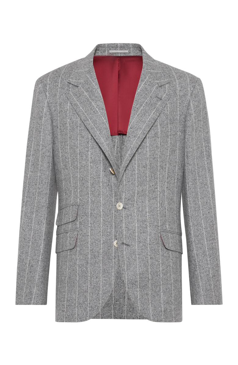 Brunello Cucinelli Flecked silk, wool and cashmere chalk stripe flannel deconstructed Cavallo blazer, Main, color, 