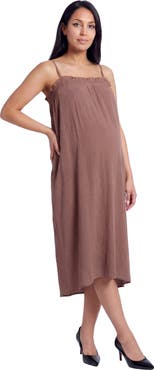 24seven Comfort Apparel Maternity Essential Spaghetti Strap Smocked Pocket A-Line Maxi Dress