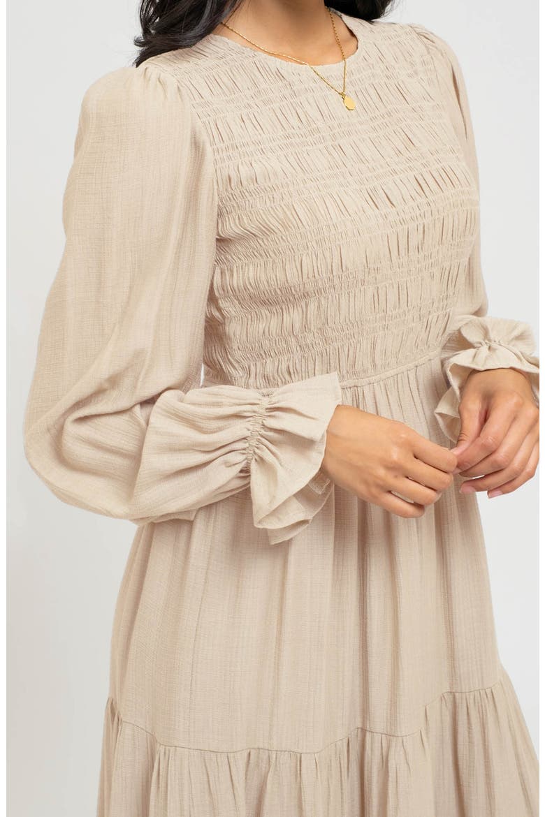Smocked Long Sleeve Tiered Dress, Alternate, color, CHAMPAGNE