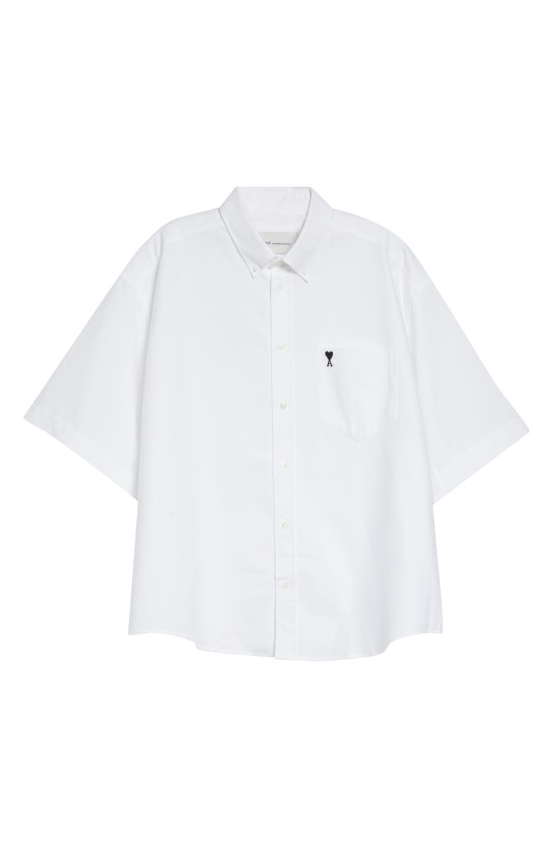 AMI PARIS Ami de Coeur Embroidered Boxy Cotton Poplin Button-Up Shirt, Main, color, Blanc Naturel
