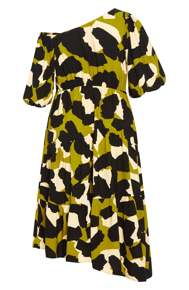 City Chic Jenie Asymmetric Neck Puff Sleeve Dress, Alternate, color, Print