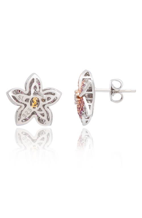 Suzy Levian Sterling Silver Pink Sapphire Created White Sapphire Flower Earrings In Pink