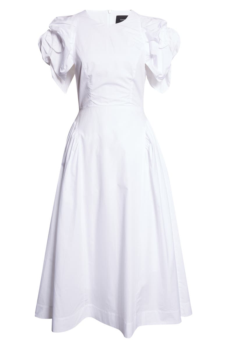 Simone Rocha Rosette Puff Sleeve Cotton Poplin Midi Dress, Main, color, White