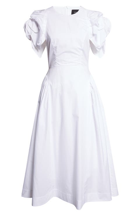 Rosette Puff Sleeve Cotton Poplin Midi Dress