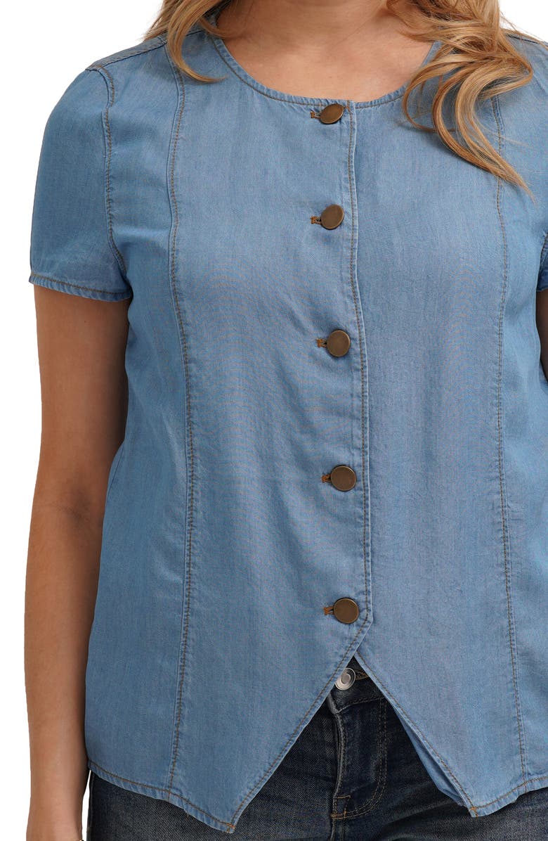 CYRUS Short Sleeve Button Front Top, Alternate, color, Misty Denim