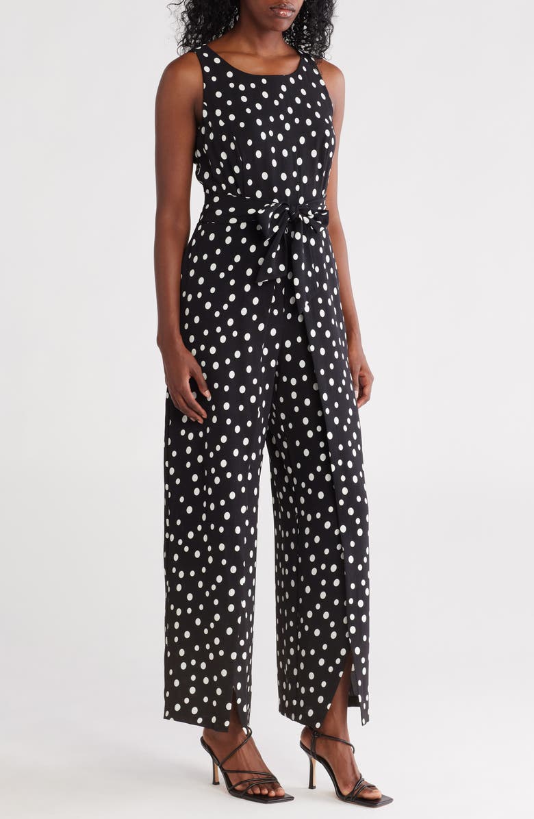 Connected Apparel Polka Dot Sleeveless Tie Waist Jumpsuit, Main, color,