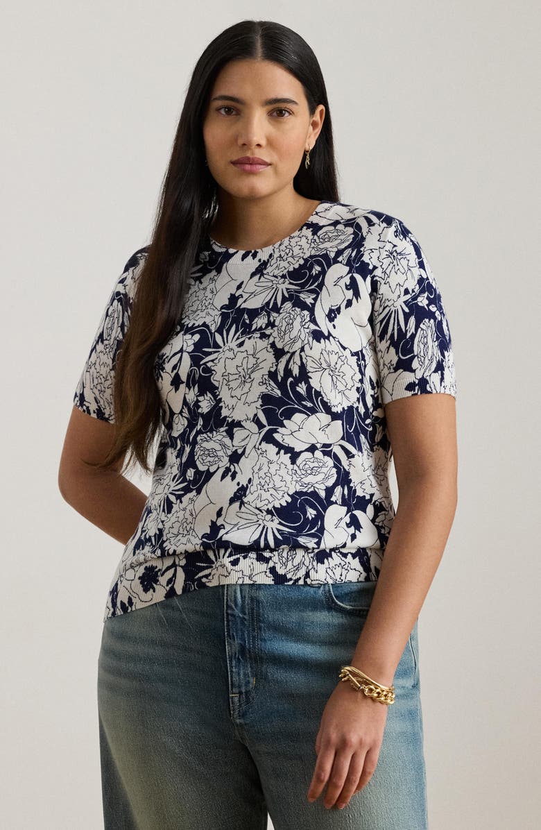 Lauren Ralph Lauren Short Sleeve Sweater, Alternate, color, White/ Navy