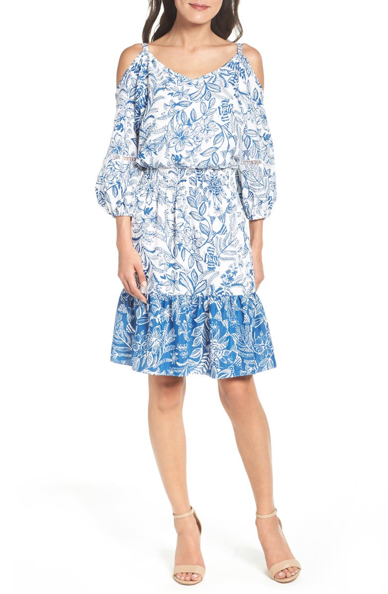 Eliza J Cold Shoulder Dress, Main, color, Blue/ Ivory