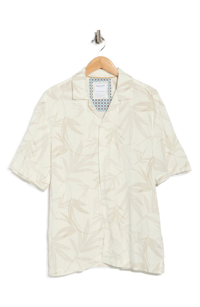 DENIM AND FLOWER Relaxed Fit Palm Print Camp Shirt, Alternate, color, Off White