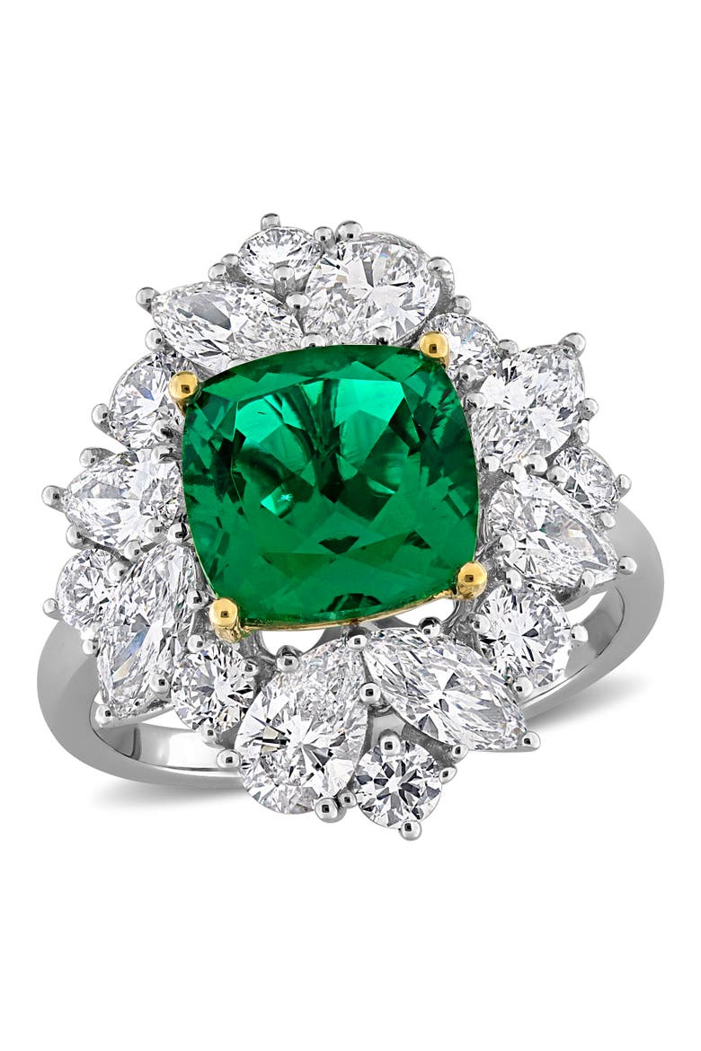 Lab-Created Emerald & Diamond Floral Ring 18k, Main, color, Emerald