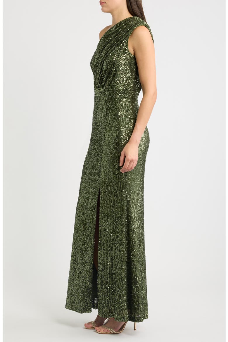Sequin One-Shoulder Gown, Alternate, color, OLIVE