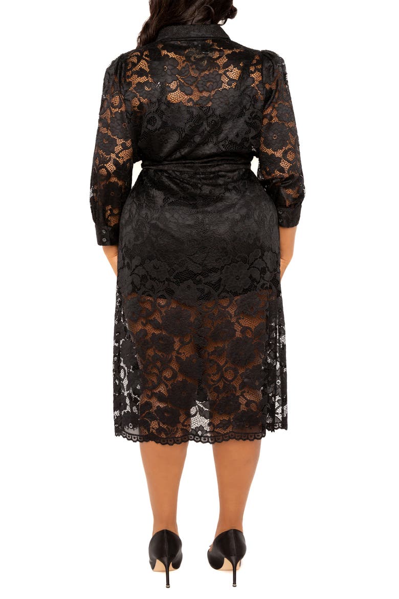 Floral Tie Belt Lace Midi Shirtdress, Alternate, color, BLACK