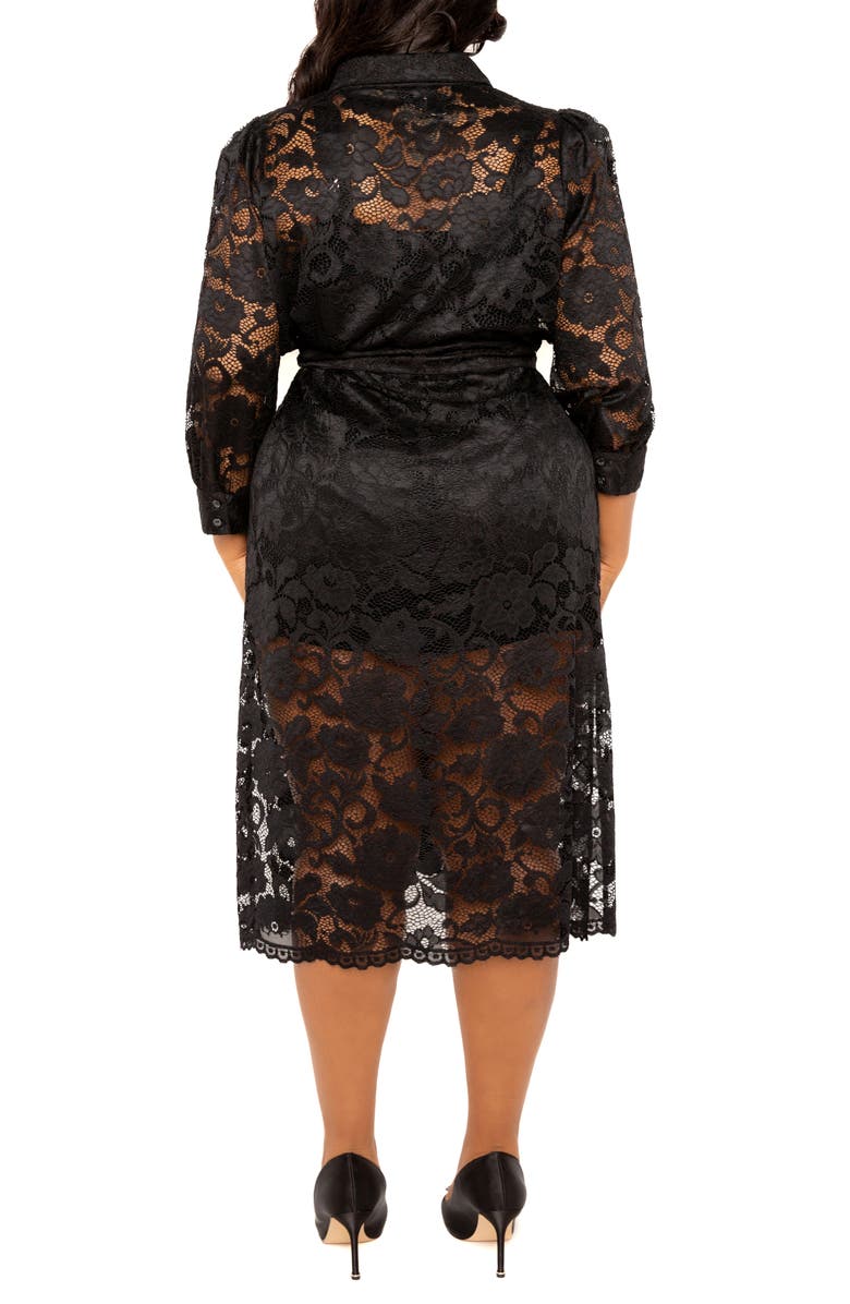 BUXOM COUTURE Floral Tie Belt Lace Midi Shirtdress, Alternate, color, Black